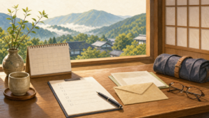 温泉旅行前に利用書類と予定を確認する机上を描いた生成ビジュアル