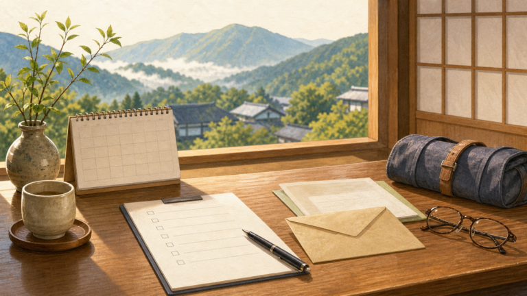 温泉旅行前に利用書類と予定を確認する机上を描いた生成ビジュアル