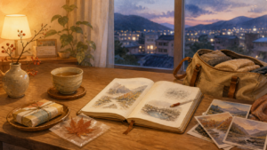 帰宅後の机に旅日記や写真、お茶と土産を広げた余韻の挿絵