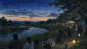川辺の暗がりでホタルの光を静かに待った2015年夏の観賞の夕べを描く生成ビジュアル
