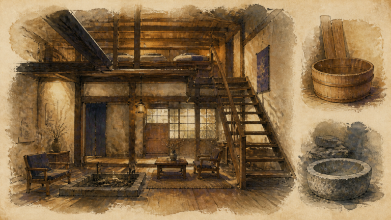 階段で上下階がつながる二階建て客室を古い宿の記憶として描いた生成ビジュアル