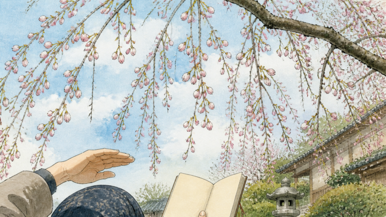 膨らむしだれ桜のつぼみを見上げ開花時期を思った2015年4月4日の生成ビジュアル
