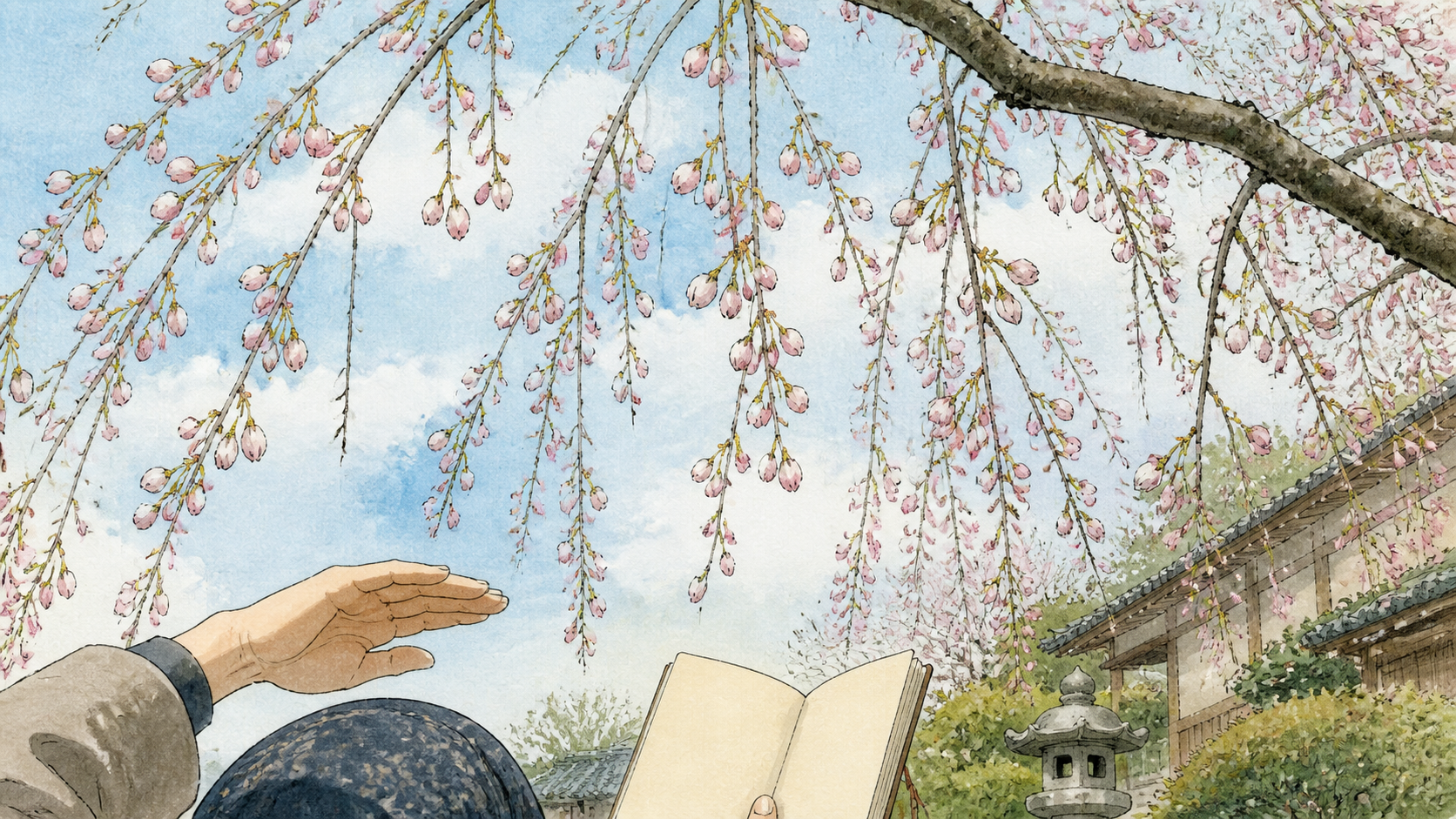 膨らむしだれ桜のつぼみを見上げ開花時期を思った2015年4月4日の生成ビジュアル