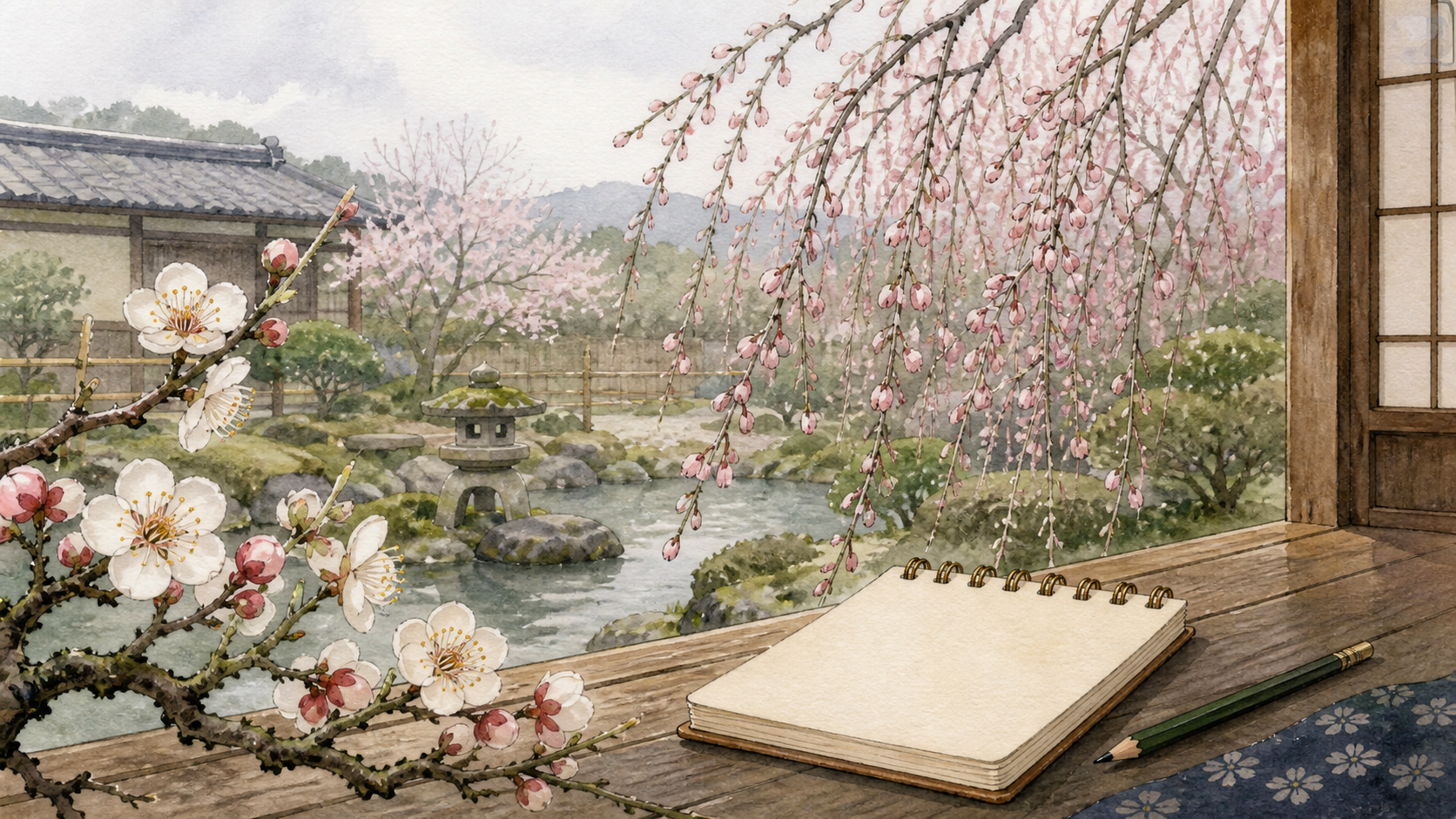 梅から桜へ移る庭でしだれ桜のつぼみと開花を待った2016年春の生成ビジュアル