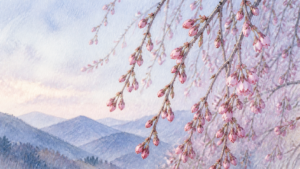 山並みを背景に開花を待つしだれ桜の蕾を描いた挿絵
