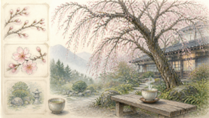 つぼみがほころび始めたしだれ桜を静かに待つ春の生成ビジュアル