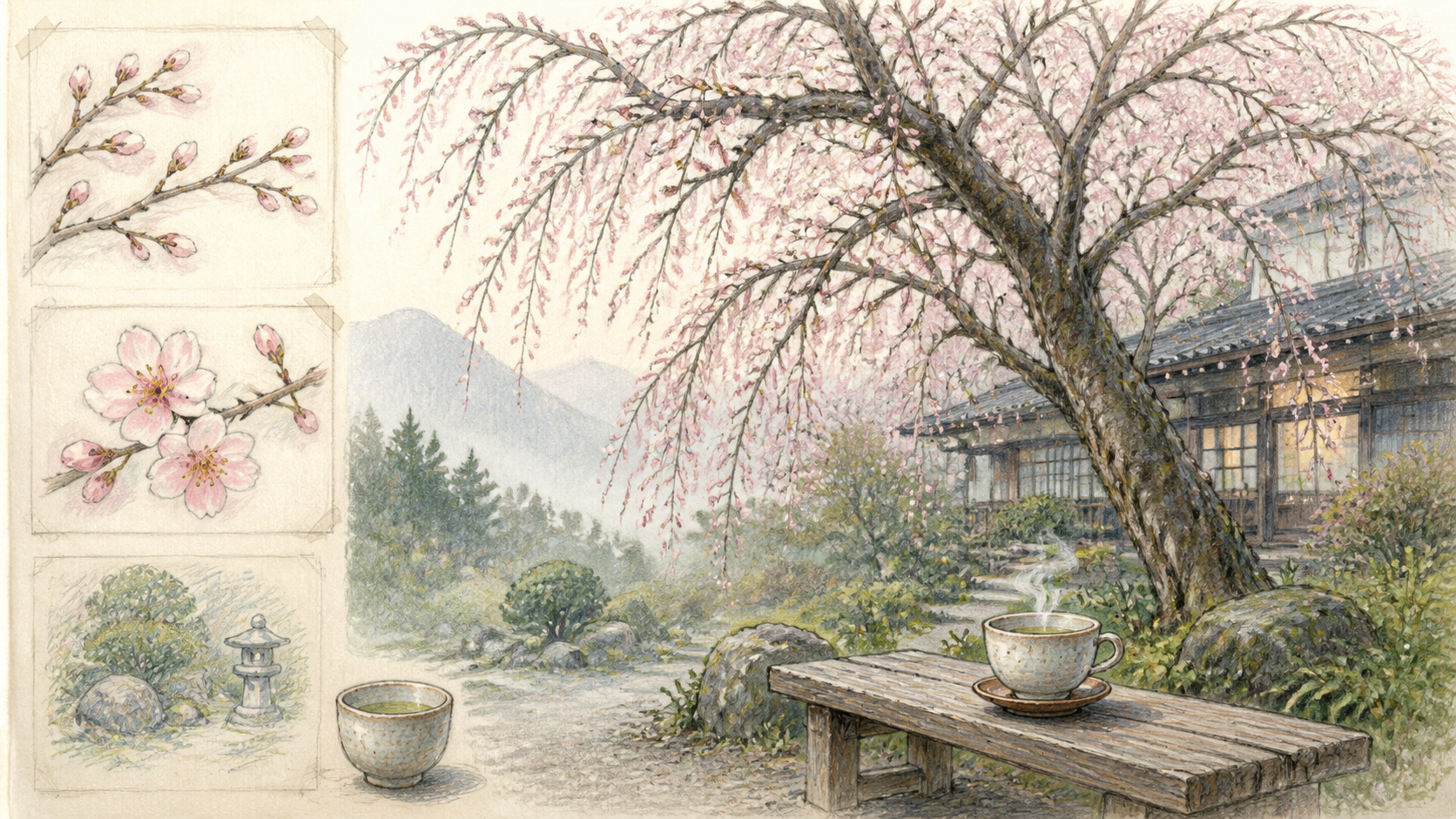 つぼみがほころび始めたしだれ桜を静かに待つ春の生成ビジュアル