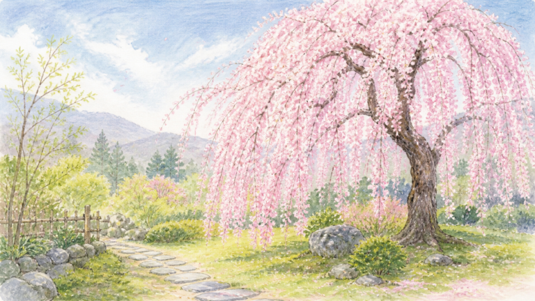 春の昼の庭で淡い桃色の花を広げるしだれ桜の生成ビジュアル