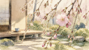 つぼみの中に一輪だけ開いたしだれ桜を見つけた2016年春の記憶を描く生成ビジュアル