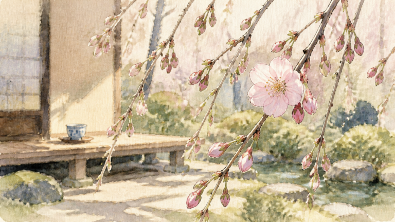 つぼみの中に一輪だけ開いたしだれ桜を見つけた2016年春の記憶を描く生成ビジュアル