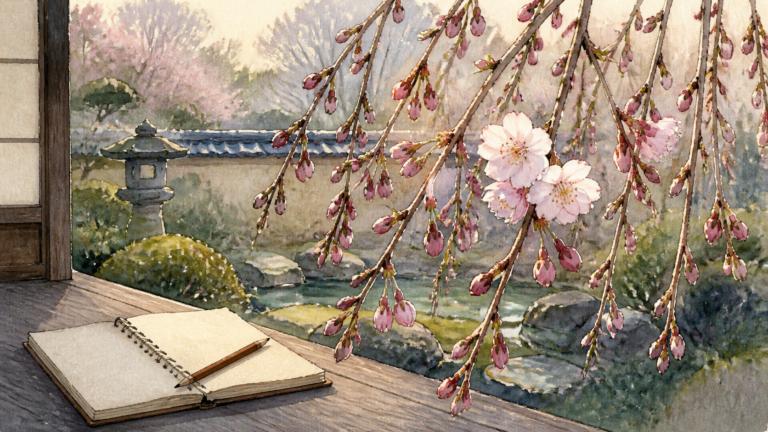 つぼみの多いしだれ桜に最初の花を見つけた2015年4月13日の記録を描く生成ビジュアル