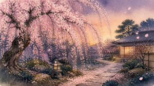 満開のしだれ桜から花びらが舞う2016年春の記憶を描いた生成ビジュアル