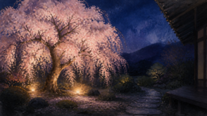 春の夜にやわらかな光を受けるしだれ桜を描いた生成ビジュアル