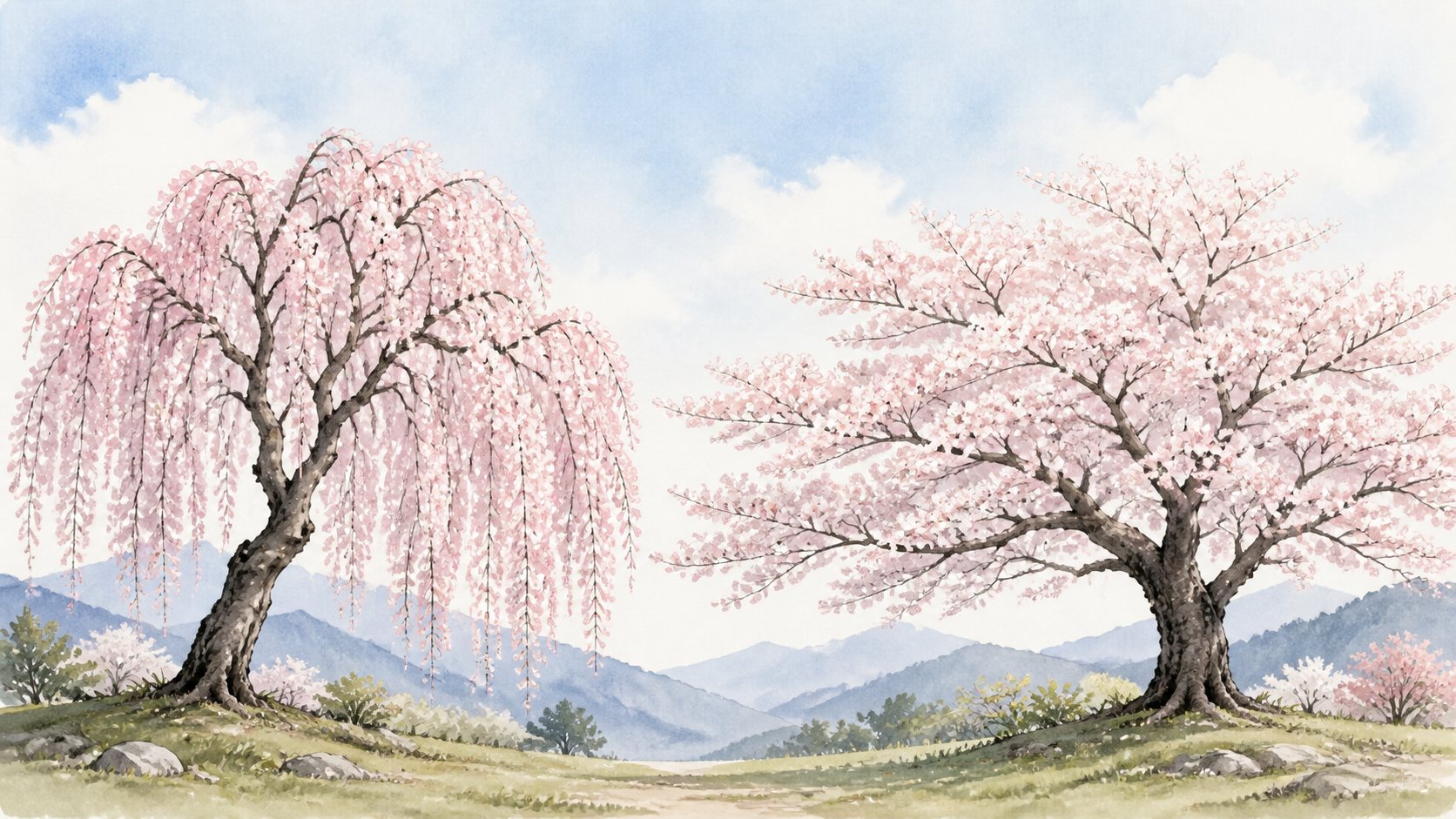 枝が垂れるしだれ桜と横に広がるソメイヨシノの樹形を比較した生成ビジュアル