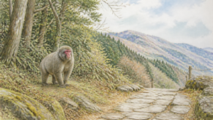 山道の端にいる野生のニホンザルを距離を置いて描いた挿絵