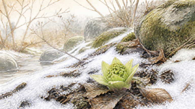 薄雪と落ち葉の間から顔を出す冬のふきのとうを描いた挿絵