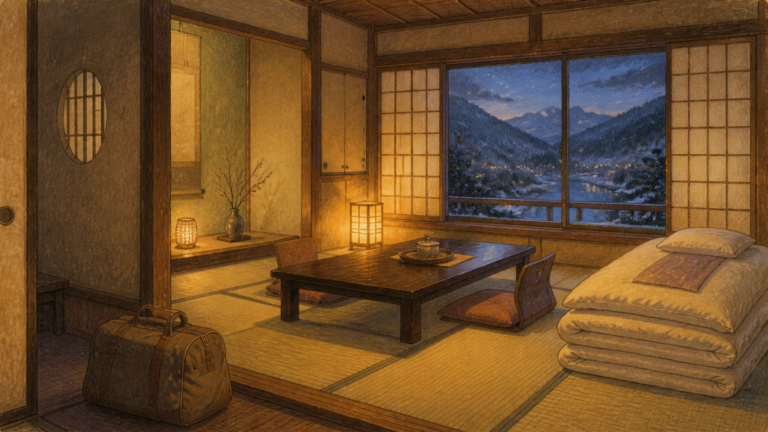 雪の週末に旅人を待つ温かな旅館の客室を描いた生成ビジュアル