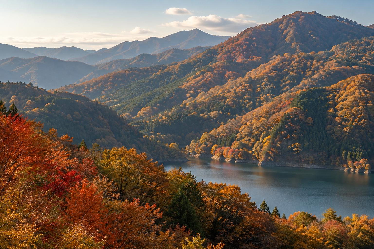 紅葉に染まる山々と静かな湖を表現した秋の利用イメージ