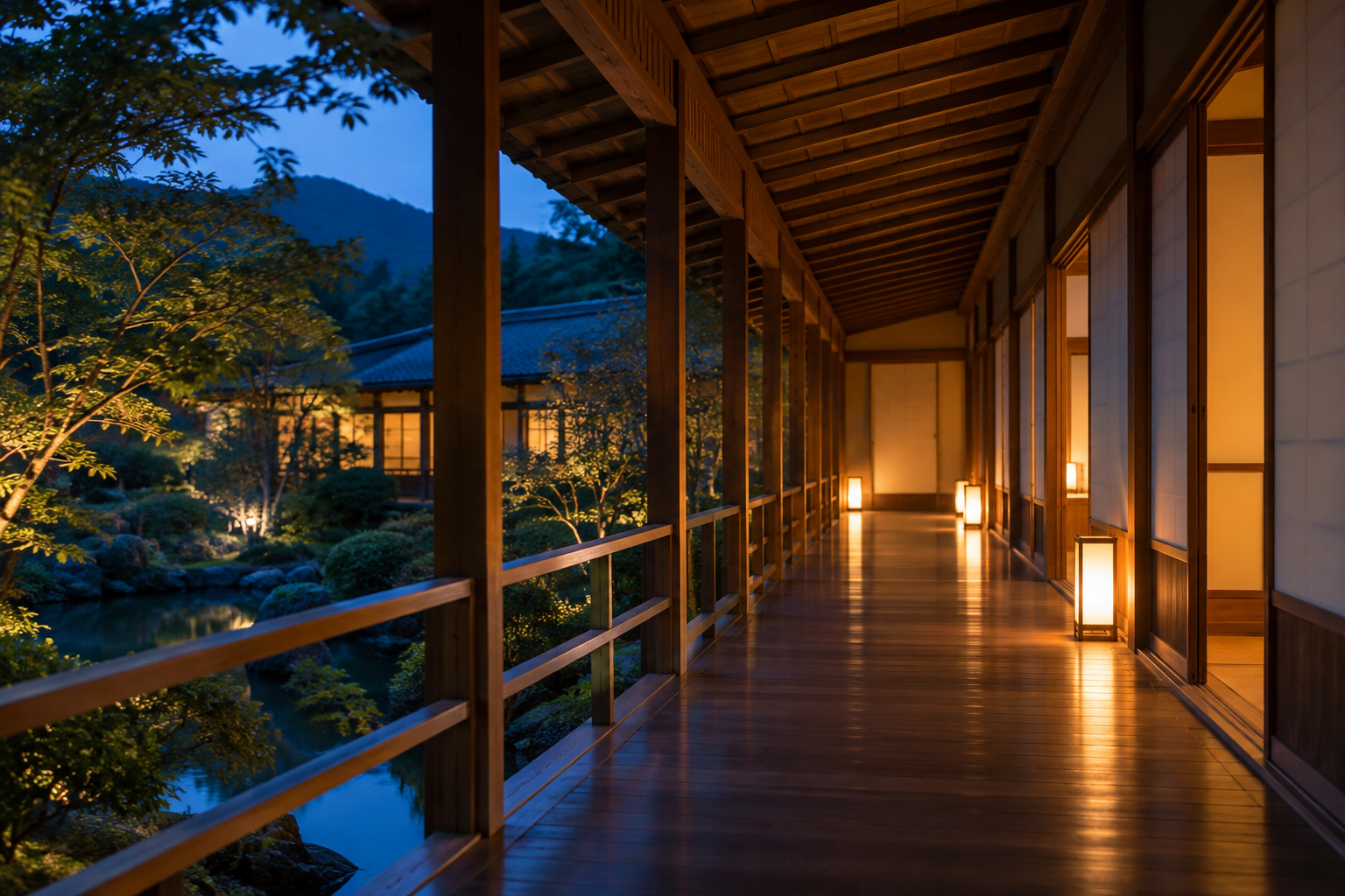 青い夕暮れと暖かな灯りが重なる旅館の廊下の利用イメージ