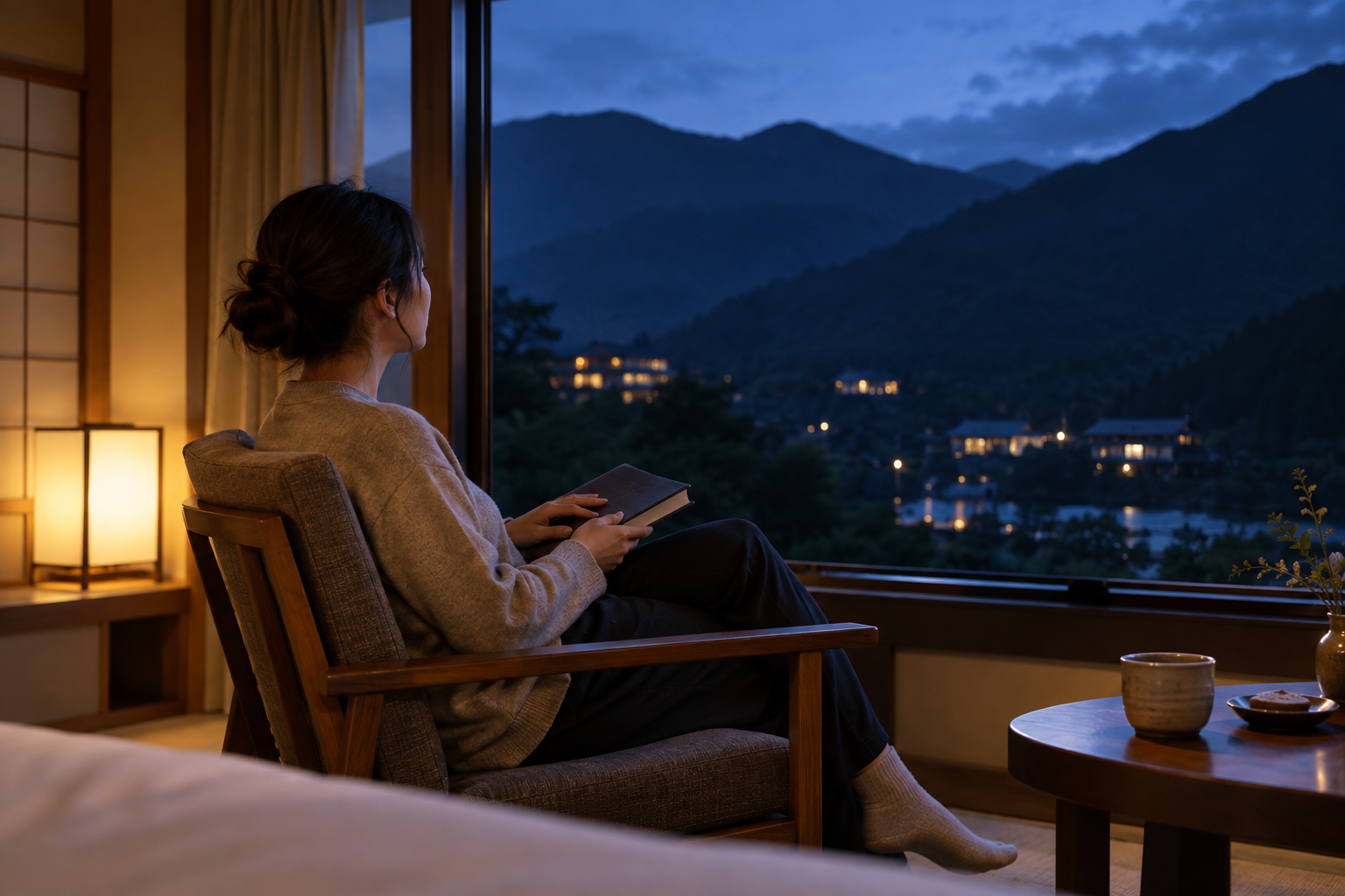 山あいの青い夜景を眺めながら本を閉じる旅行者の利用イメージ
