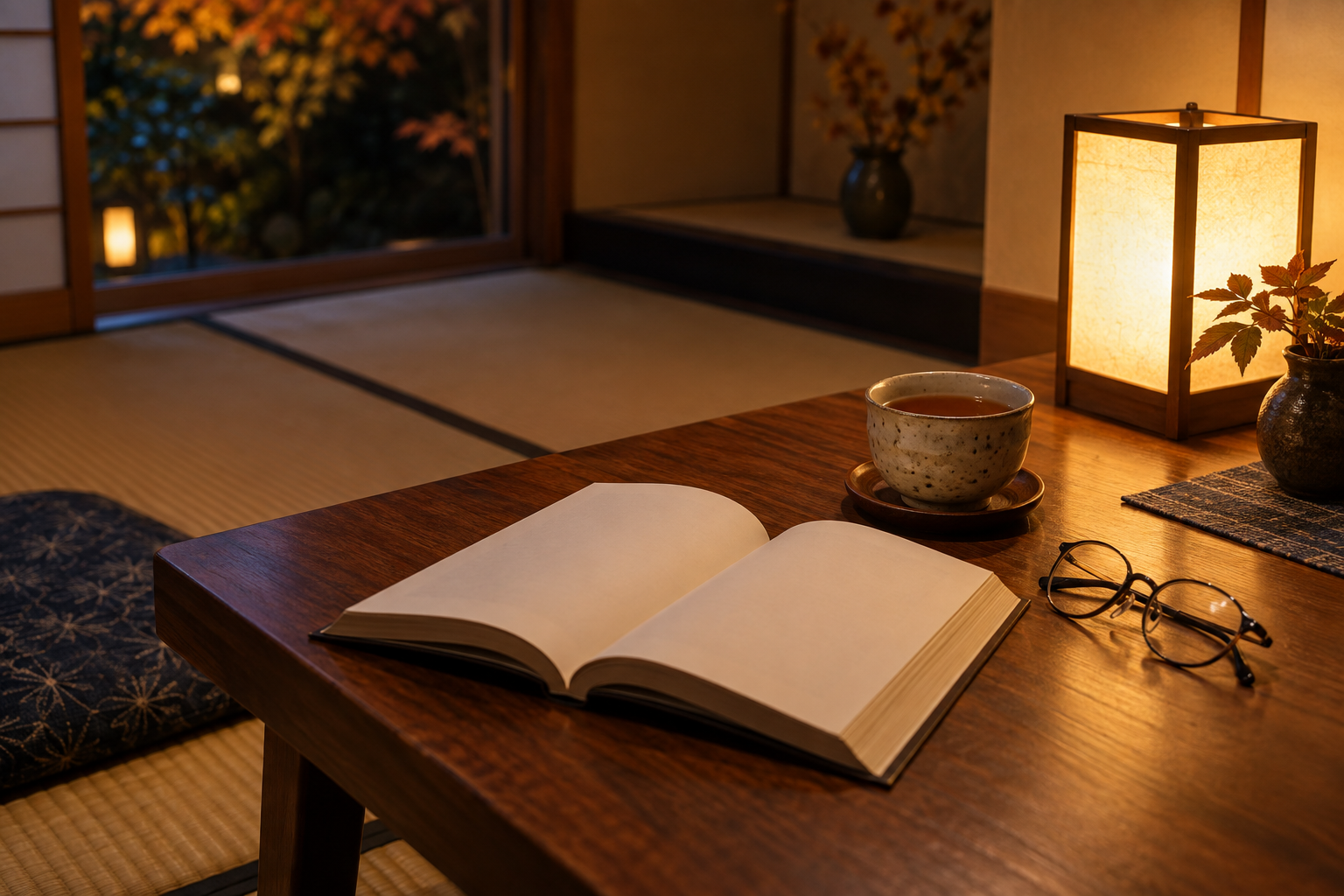 温泉旅館での読書を思わせる本とお茶と行灯の利用イメージ