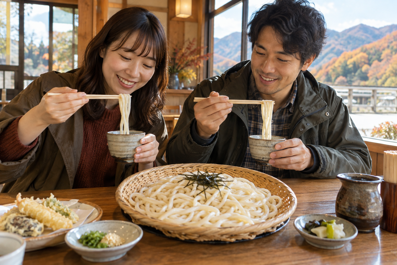 旅行中の二人がうどんを囲んで昼食を楽しむ利用イメージ
