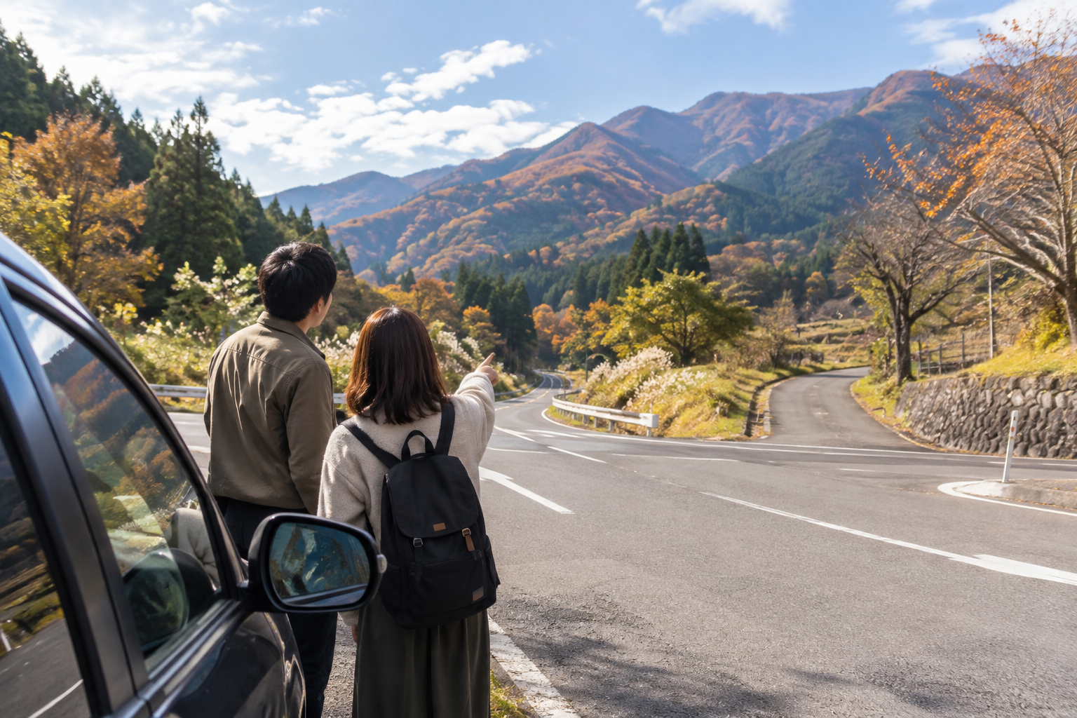 山あいの道で旅程を考える二人と車の利用イメージ
