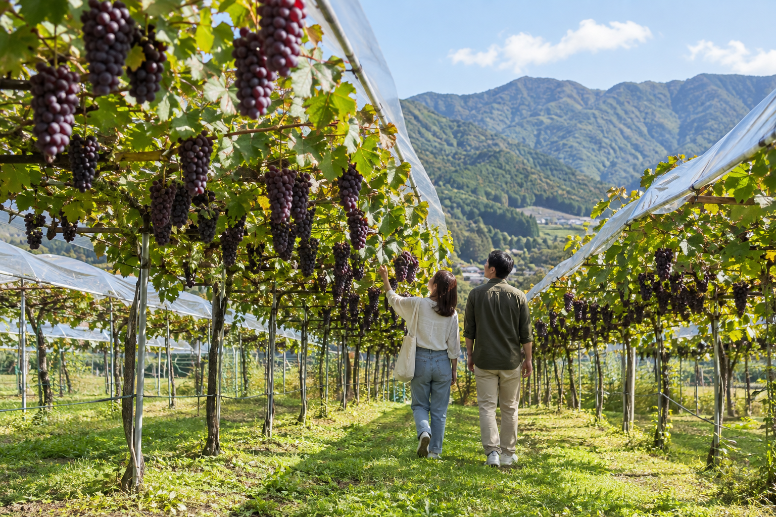 みなかみ町を思わせる山あいのぶどう畑を歩く旅行者の利用イメージ