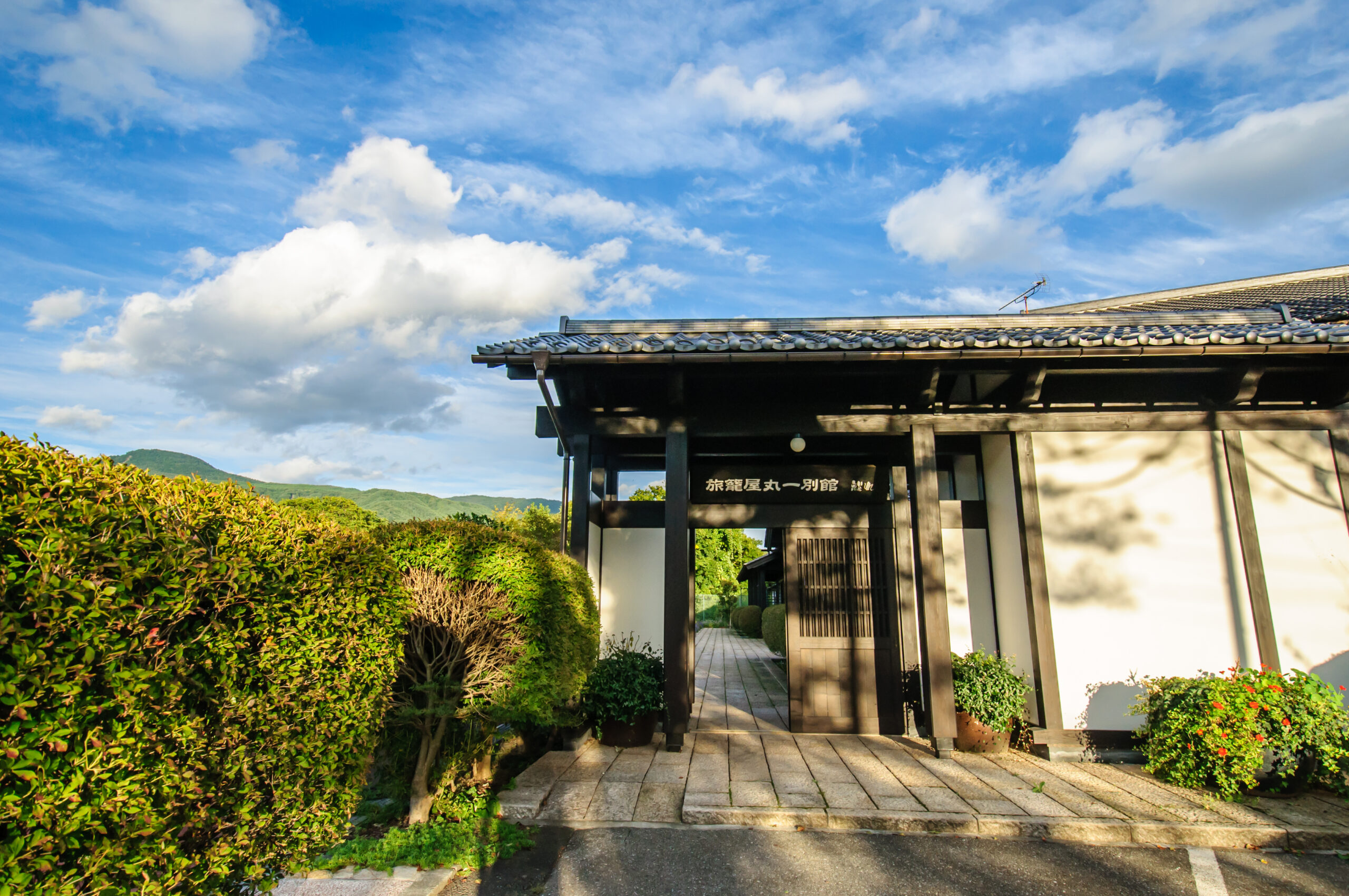 青空と緑に囲まれた明るい時間の旅籠屋丸一の門