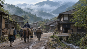 三国峠を越えて永井宿へ入る江戸時代の旅人を表した利用イメージ