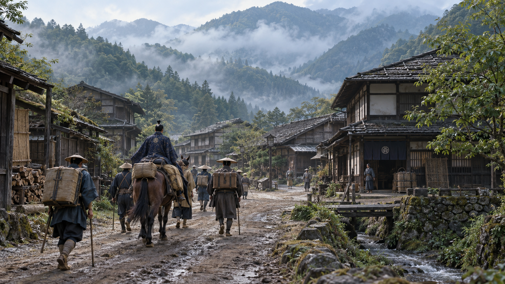 三国峠を越えて永井宿へ入る江戸時代の旅人を表した利用イメージ