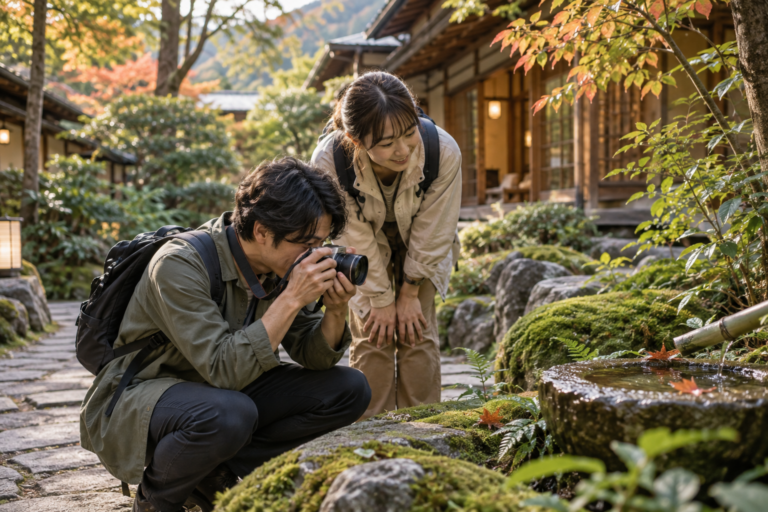 山あいの旅館を思わせる庭で小さな季節を撮影するカップルの利用イメージ