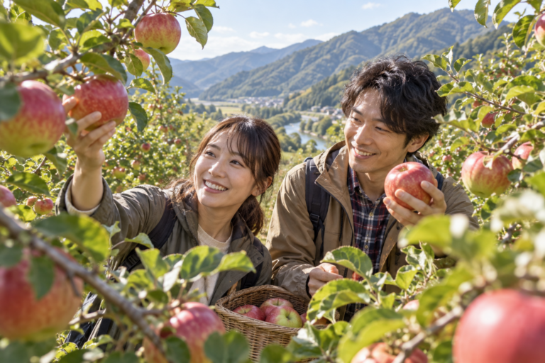 みなかみ町を思わせる山あいの果樹園でりんご狩りを楽しむ旅行者の利用イメージ