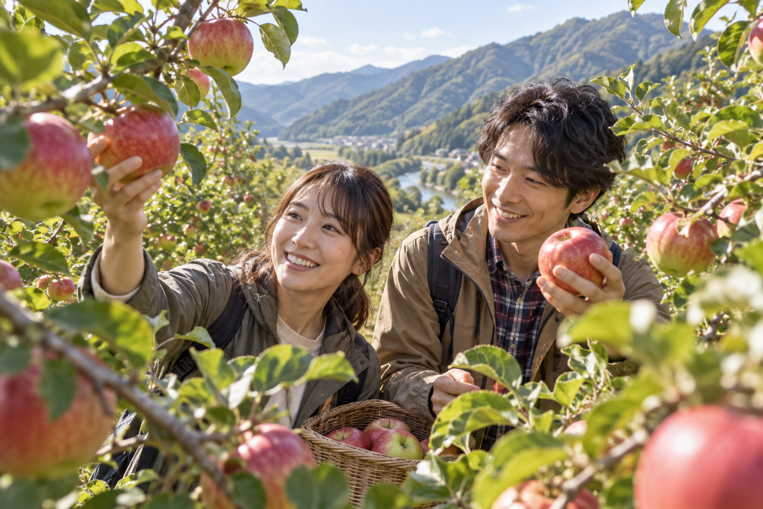 みなかみ町を思わせる山あいの果樹園でりんご狩りを楽しむ旅行者の利用イメージ