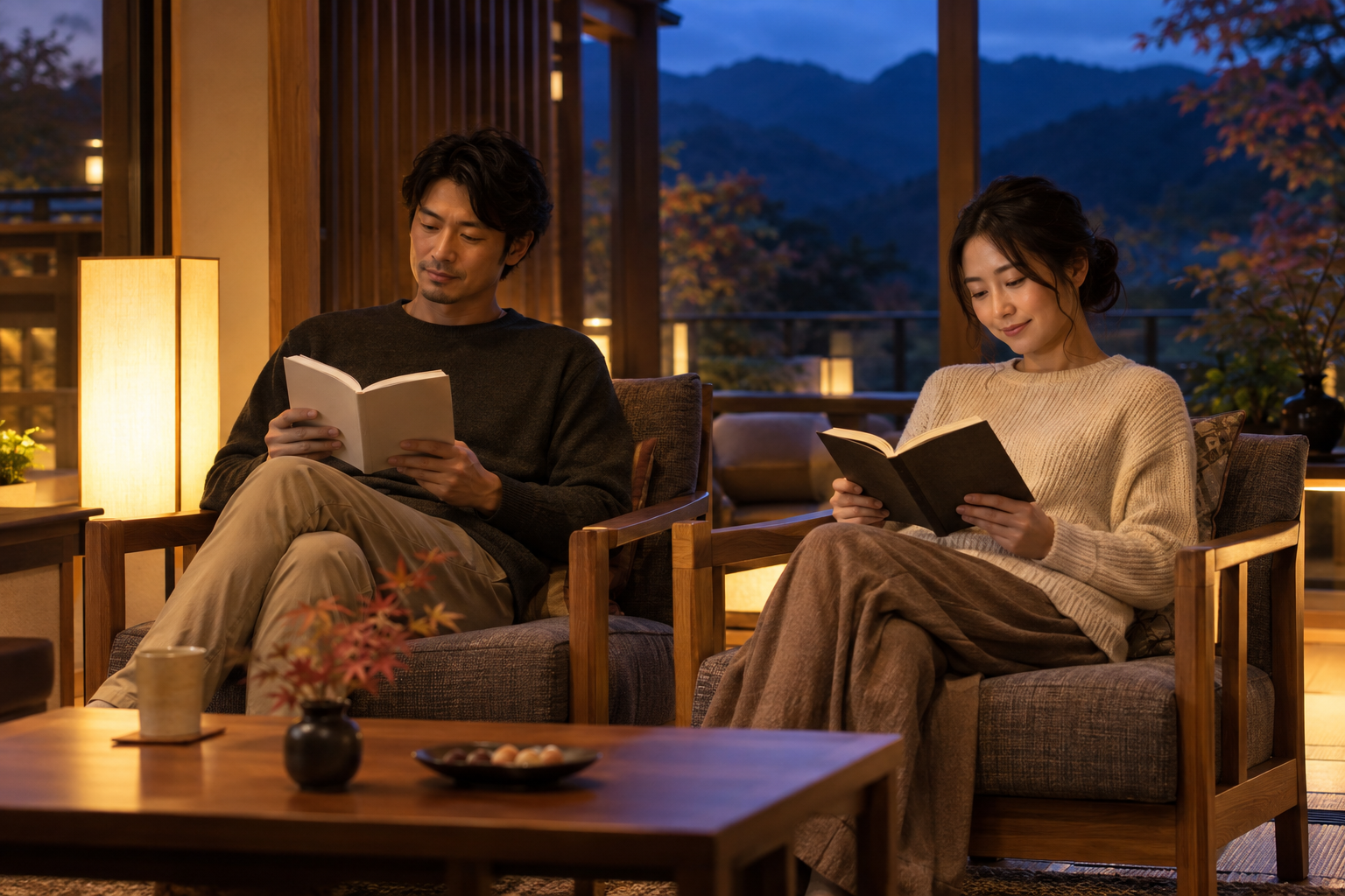 秋の温泉旅館を思わせる静かなラウンジで読書を楽しむカップルの利用イメージ