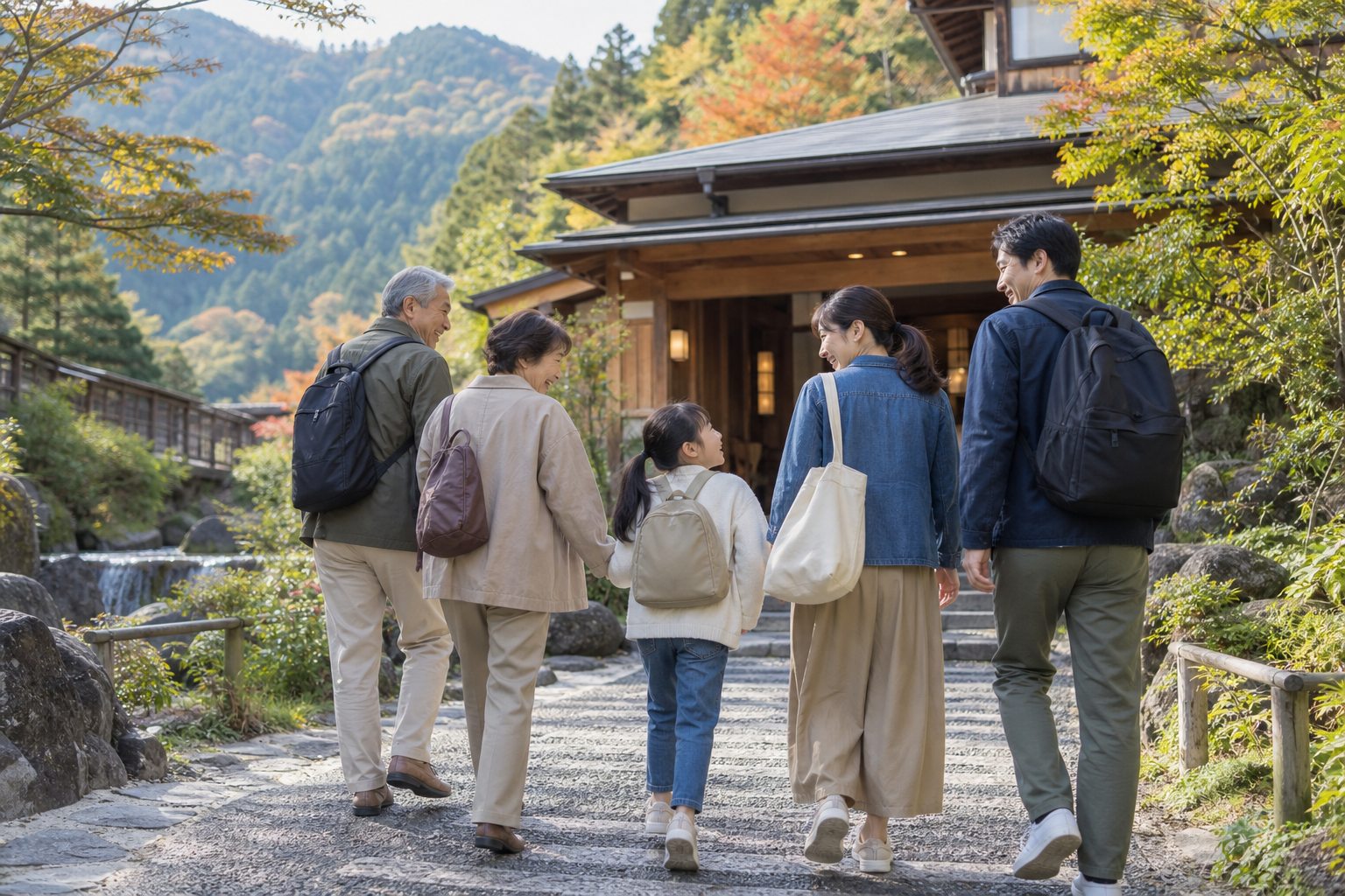 三世代で温泉旅行の宿へ向かう家族の利用イメージ