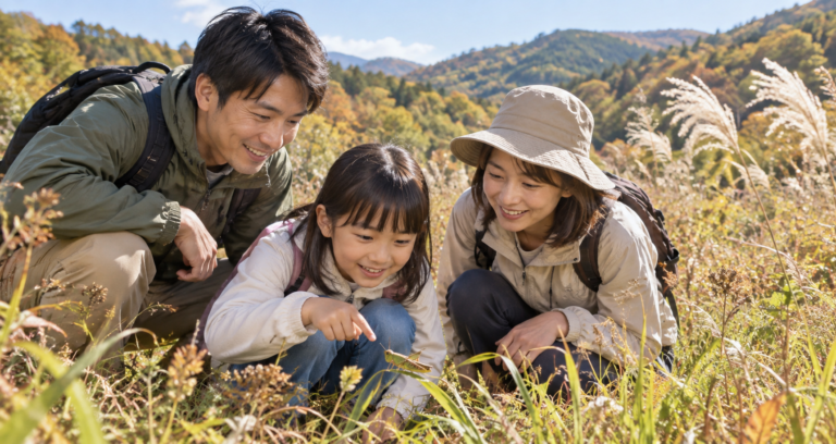 ぐんま昆虫の森を思わせる秋の里山で家族がバッタを観察する利用イメージ