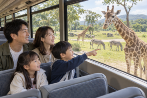 群馬サファリパークのバス旅行を楽しむ家族の利用イメージ