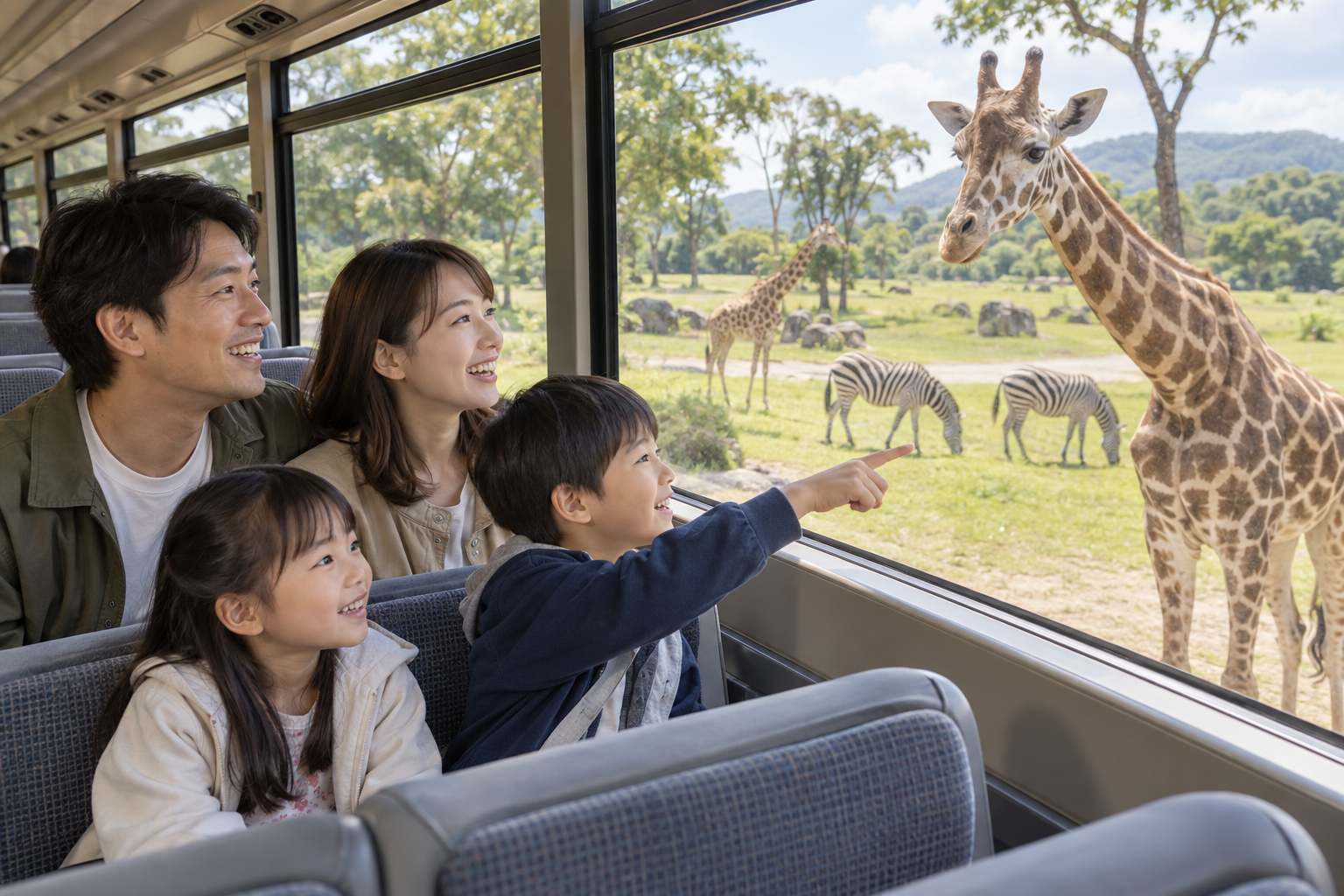 群馬サファリパークのバス旅行を楽しむ家族の利用イメージ