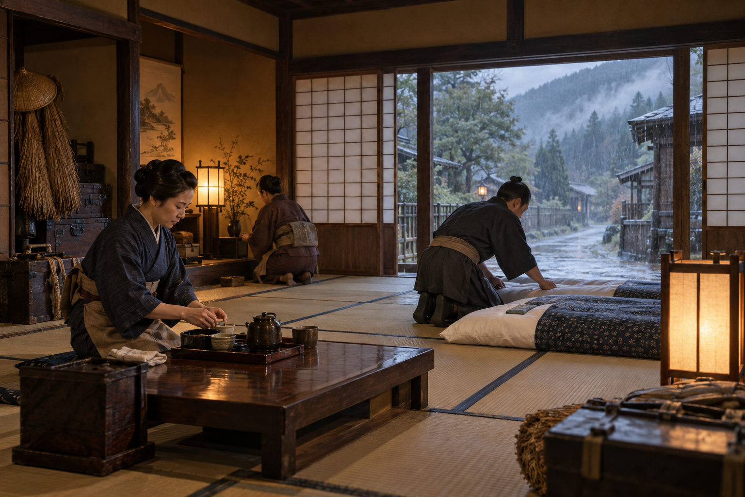 永井宿の本陣で旅人を迎える支度をする人々の利用イメージ