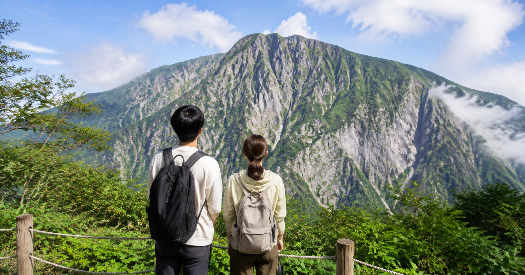 谷川岳の大きな岩壁を安全な場所から眺める旅行中のカップルの利用イメージ