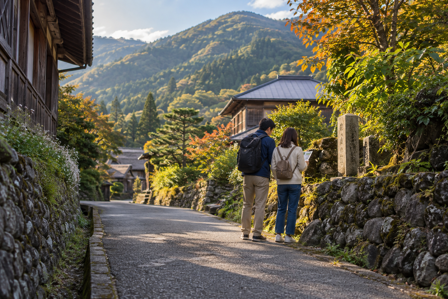 永井宿を思わせる山里の旧街道を歩く旅行者の利用イメージ