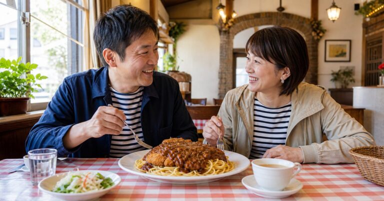 高崎パスタ風の昼食を楽しむ旅行中のカップルの利用イメージ