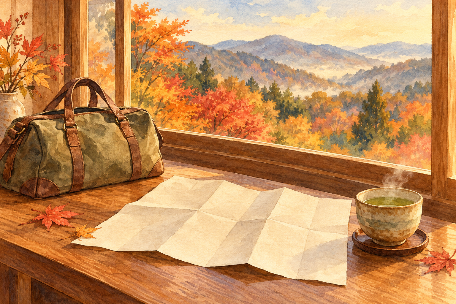 紅葉の窓辺に旅行鞄、白い折りたたみ紙、お茶を置いた、余裕のある旅支度のイメージイラスト。