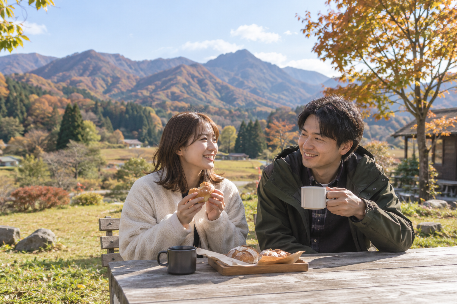 秋の山あいでパンと温かい飲み物を楽しむカップルの利用イメージ