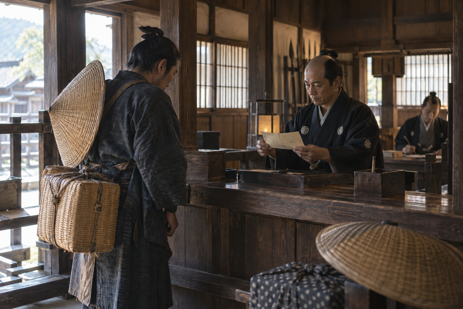 江戸時代の関所で旅人の通行手形を確認する場面の利用イメージ