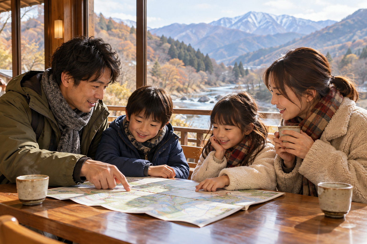 利用イメージ(AI生成)旅の途中で地図を見る家族 人物は実在のお客様ではなく実際の水紀行館や宿の室内ではありません
