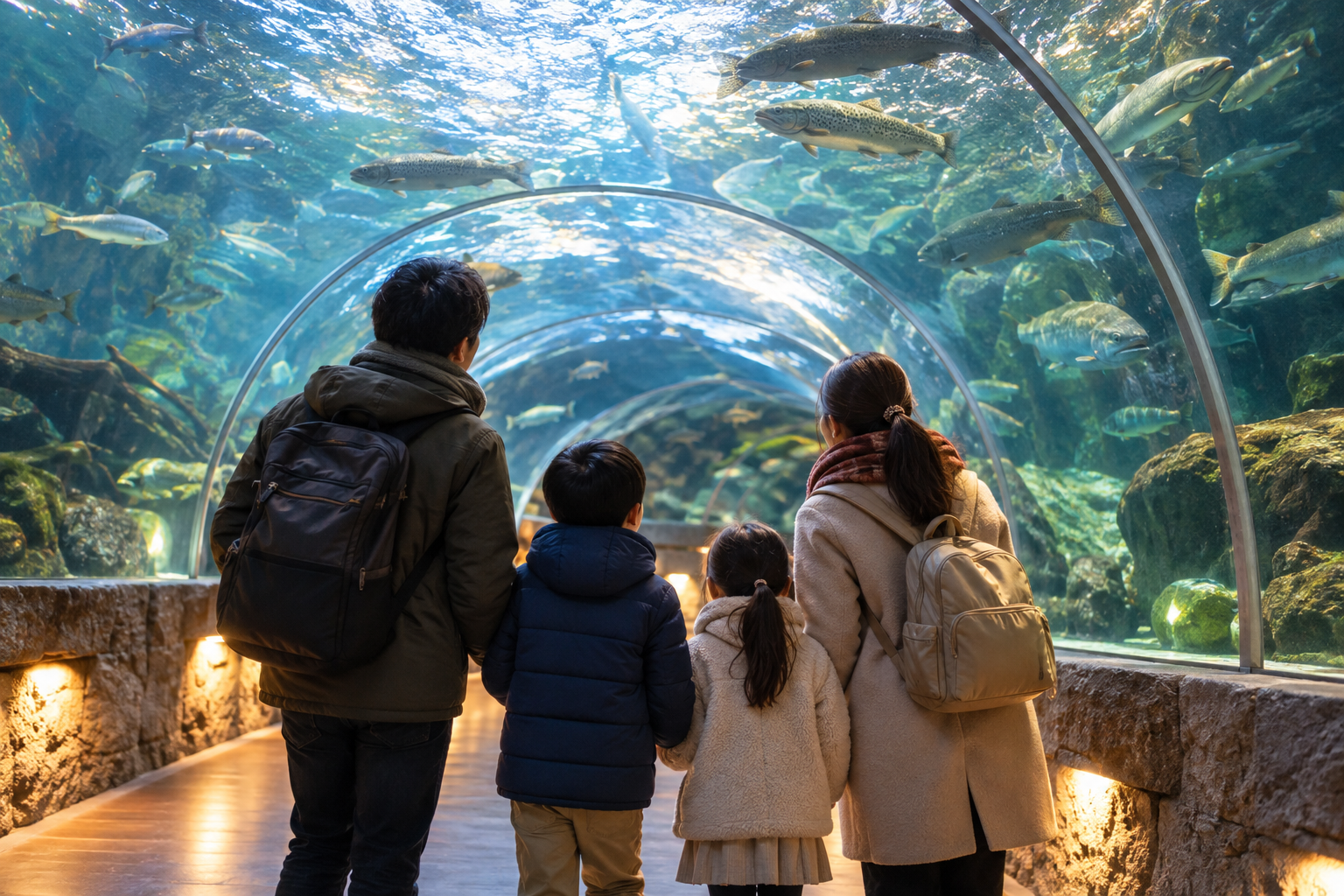 利用イメージ(AI生成)淡水魚のトンネル水槽を見上げる家族 水紀行館の実景ではなく人物も実在の来訪者ではありません