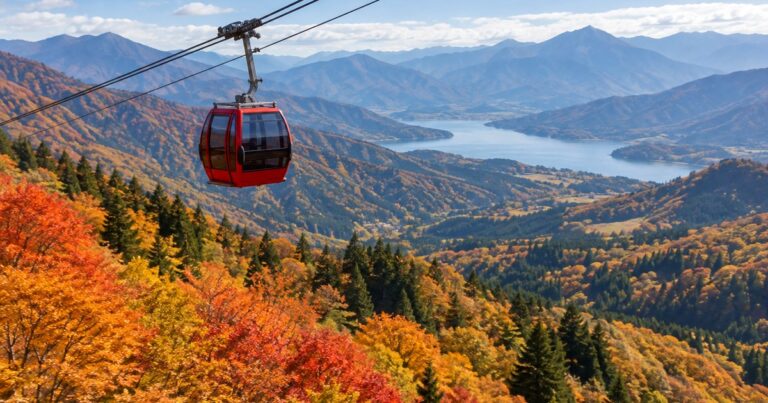 利用イメージ（AI生成）秋色の山あいを進む赤いゴンドラ 現地の苗場ドラゴンドラや紅葉の記録写真ではありません