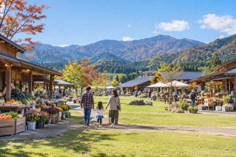 秋の山あいの道の駅へ向かう家族の利用イメージ